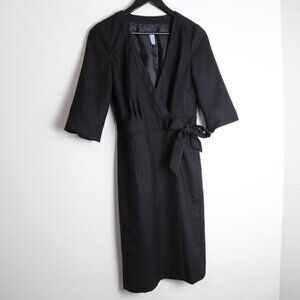 J.Crew Black 100% Wool 3/4 Sleeve Belted Wrap Bodycon Midi Dress Size 4